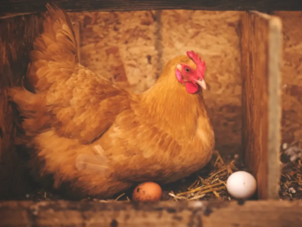 chicken laying eggs in chicken coop nesting box